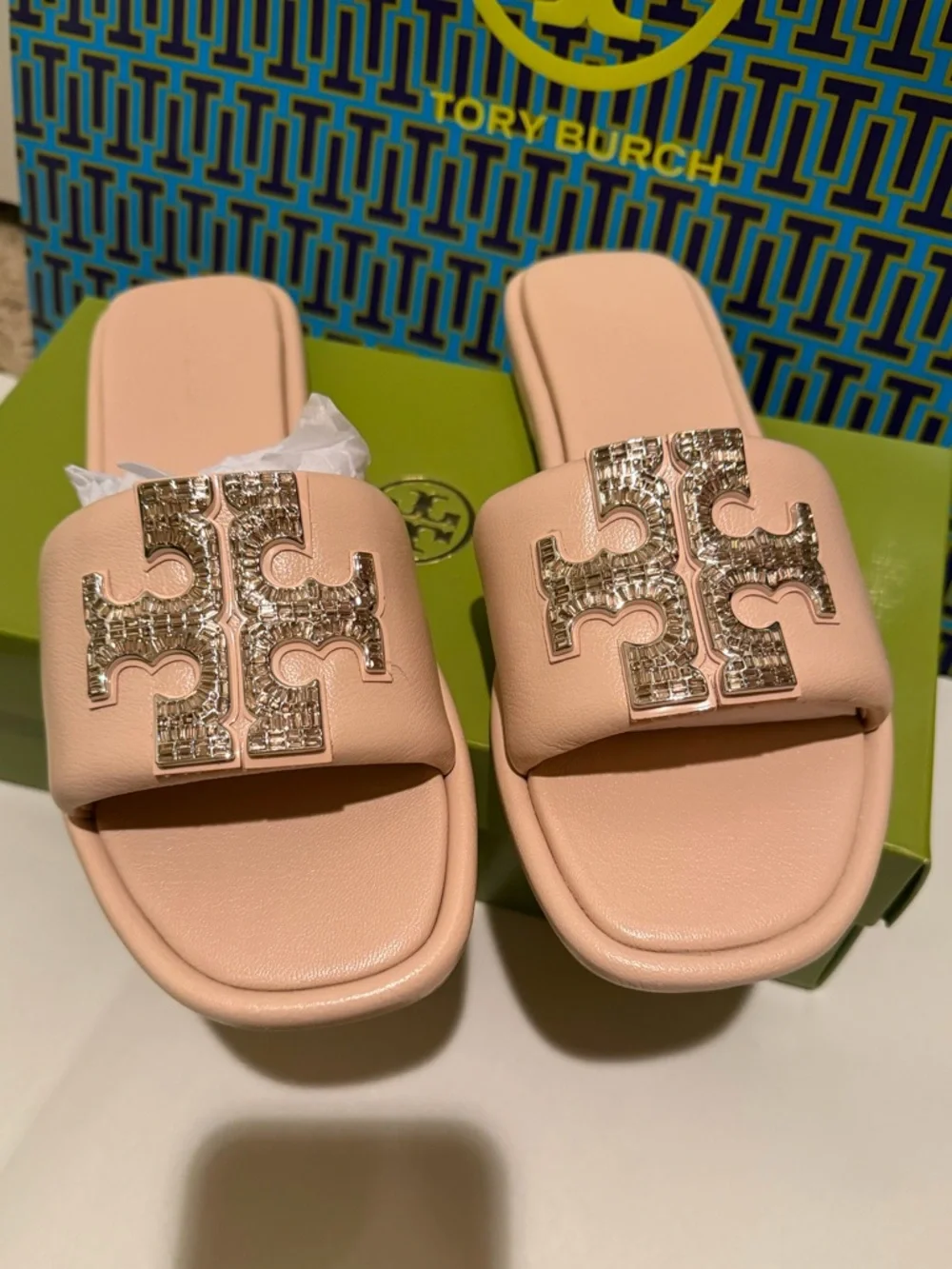 Tory Burch Shell Pink Double T Deco Sport Slide Sandals